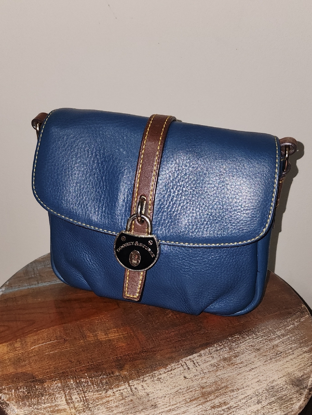 Dooney & Bourke Blue Pebble Soft Leather Crossbody with Brown Trim Locket